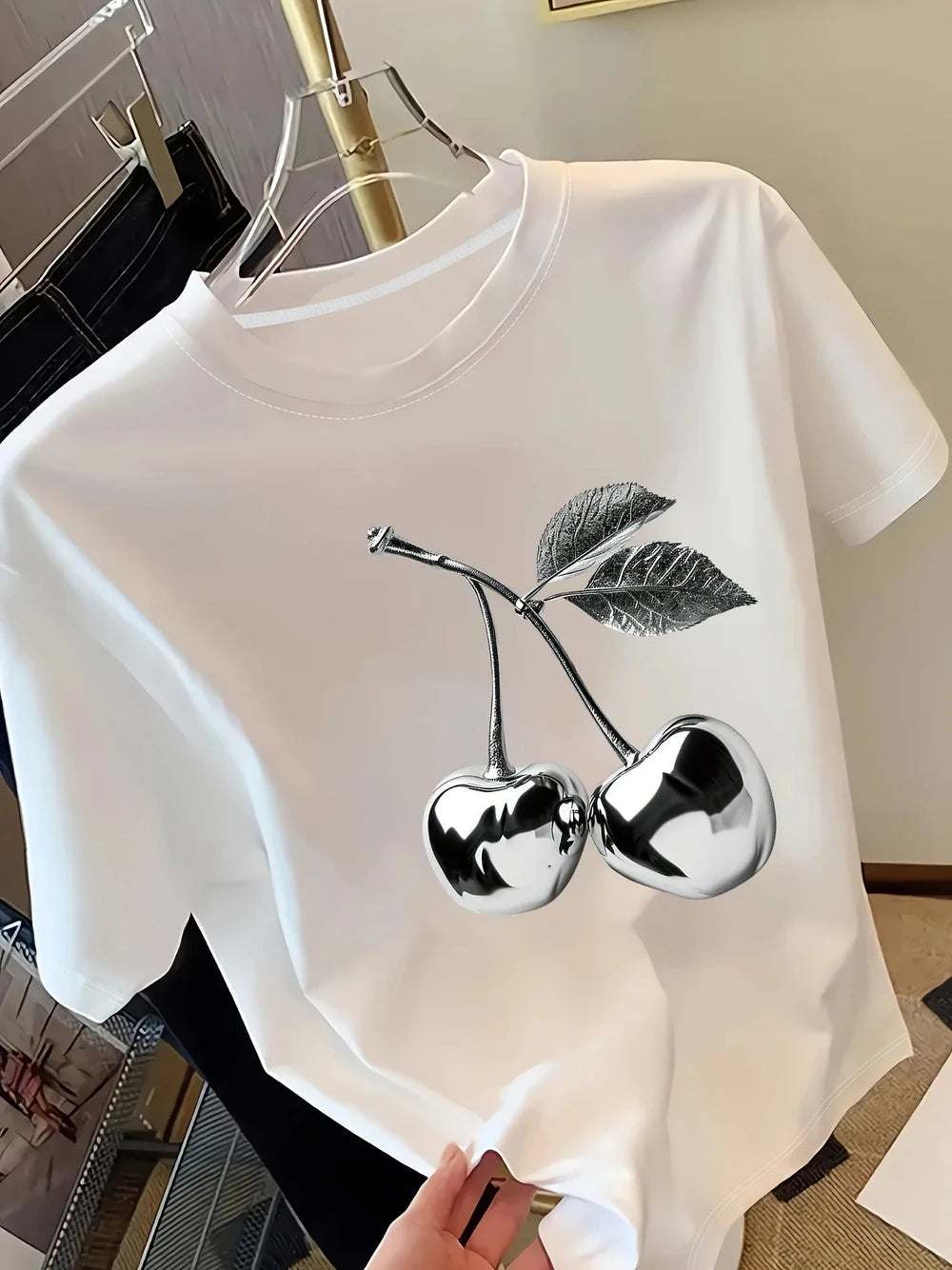 Golden Cherry Print Women's Short Sleeve T-Shirt