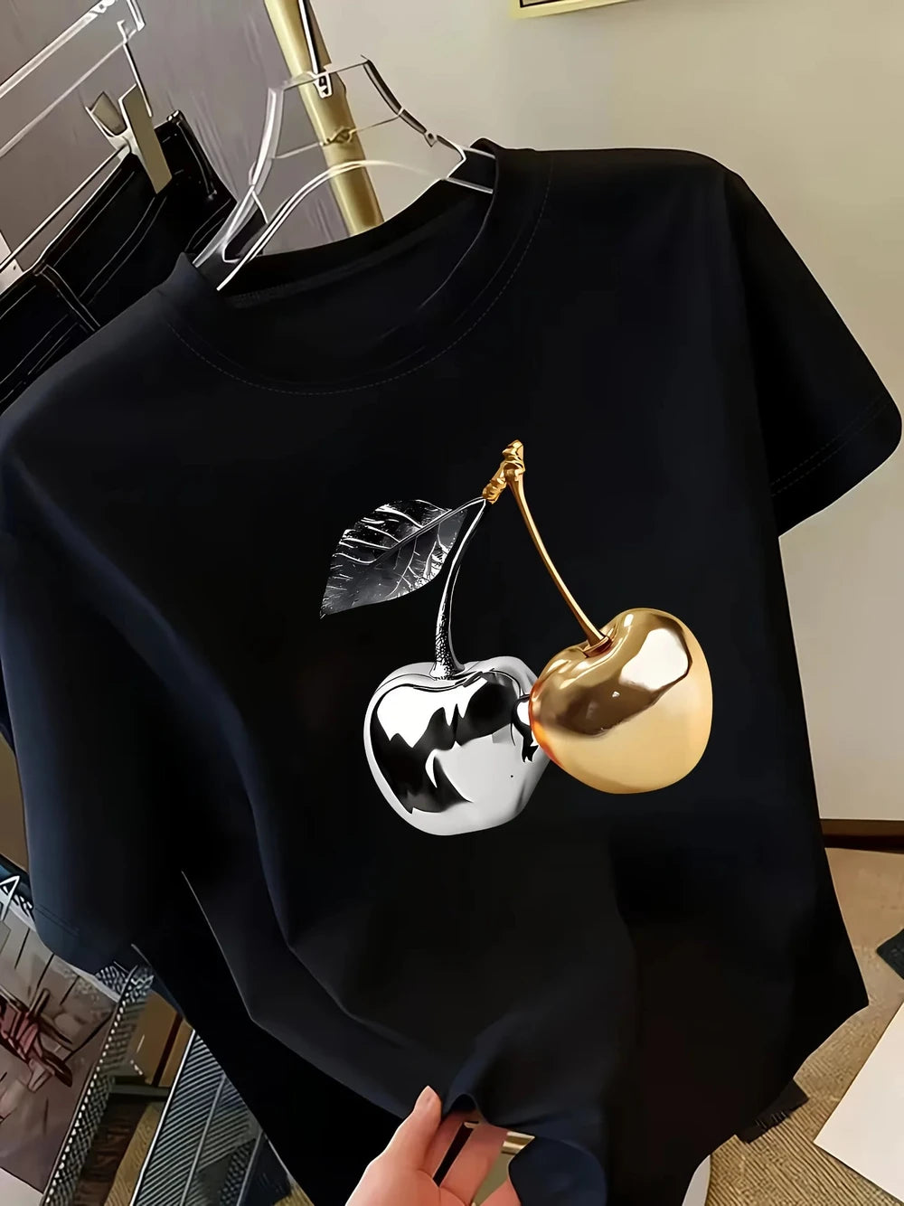 Golden Cherry Print Women's Short Sleeve T-Shirt