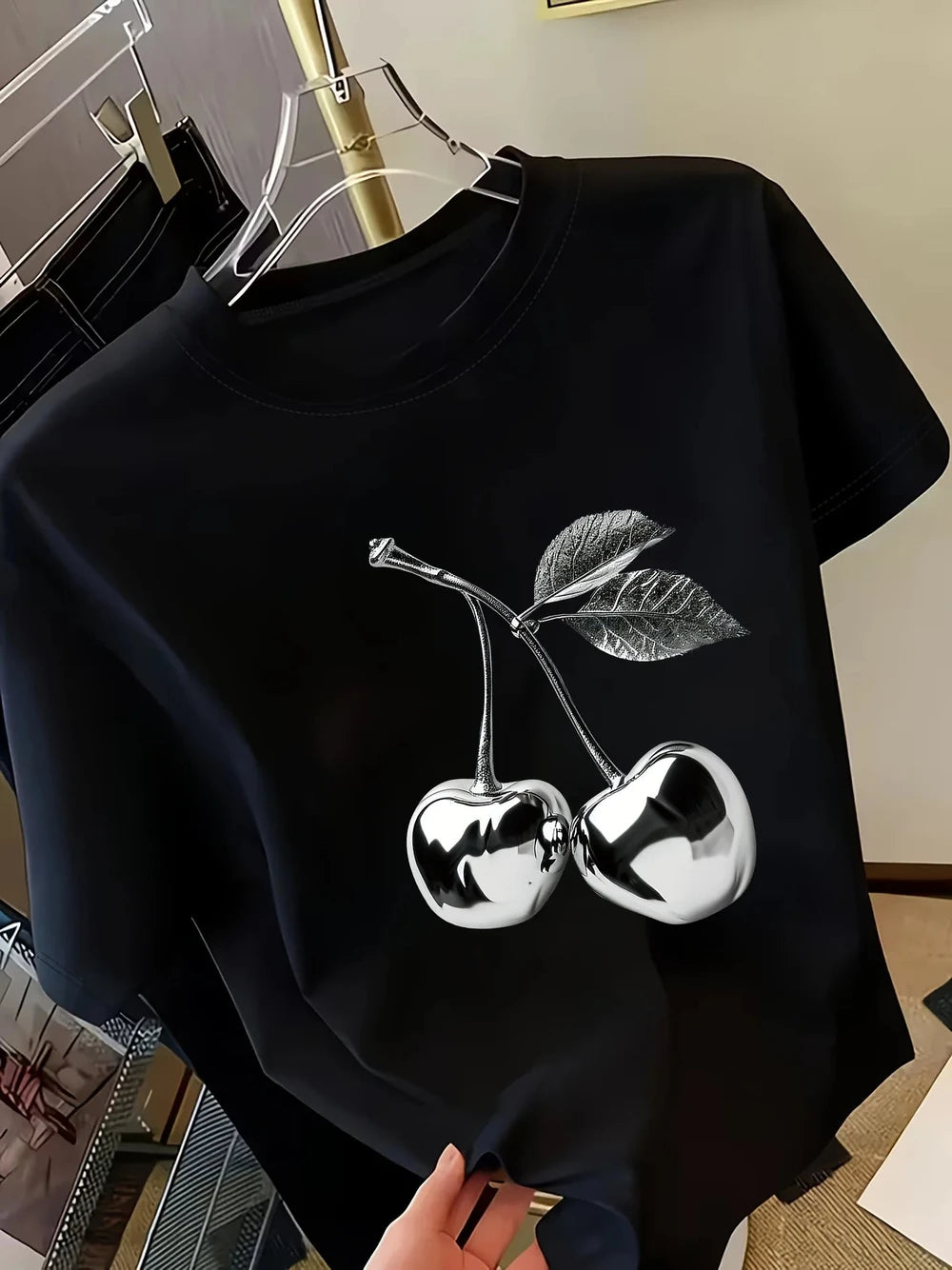 Golden Cherry Print Women's Short Sleeve T-Shirt