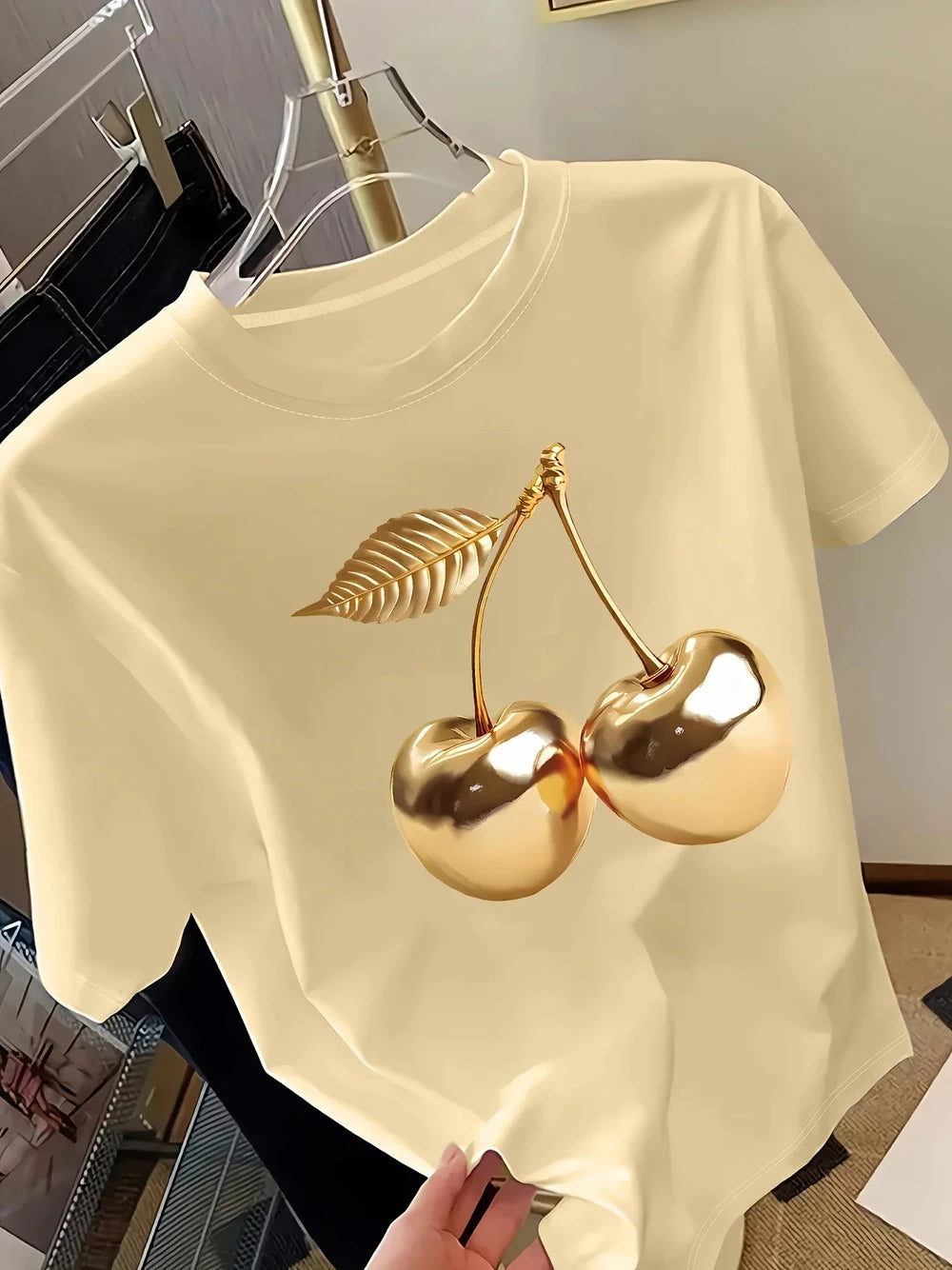 Golden Cherry Print Women's Short Sleeve T-Shirt