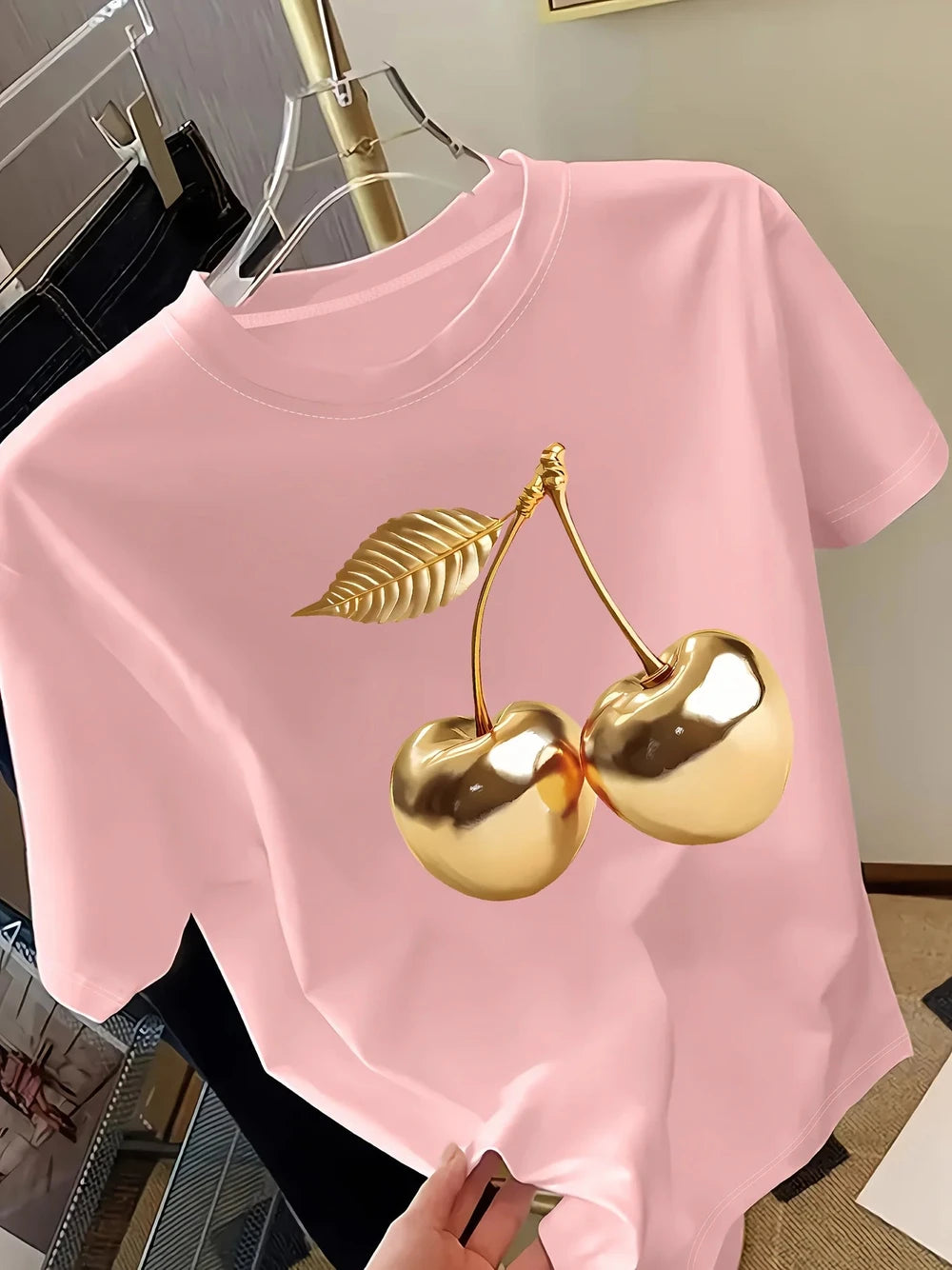 Golden Cherry Print Women's Short Sleeve T-Shirt