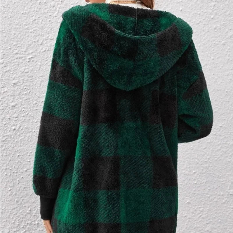 Women's Winter Double Fleece Plaid Cardigan