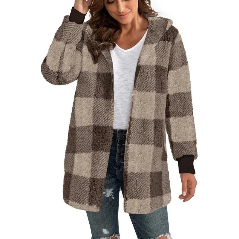 Women's Winter Double Fleece Plaid Cardigan