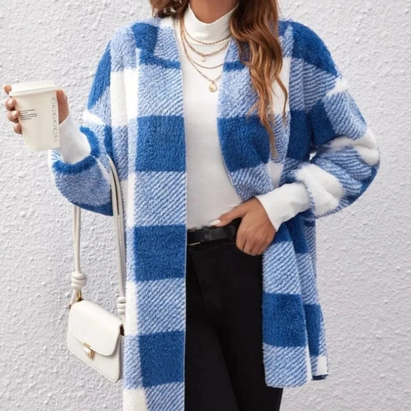 Women's Winter Double Fleece Plaid Cardigan