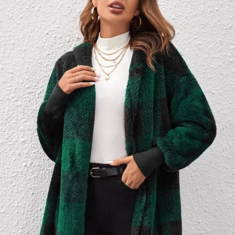 Women's Winter Double Fleece Plaid Cardigan