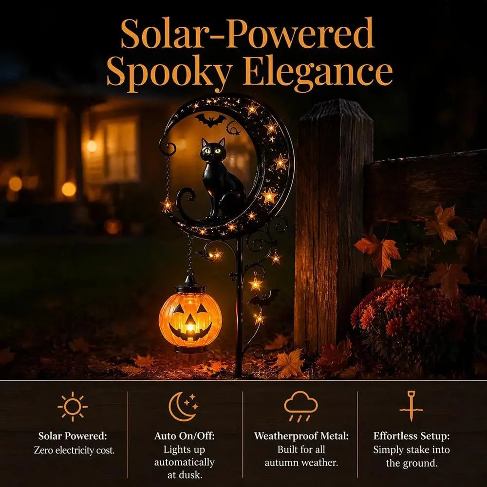 Solar Halloween Black Cat & Pumpkin Moon Garden Stake Light