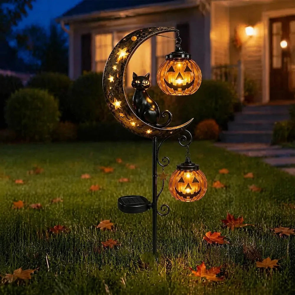 Solar Halloween Black Cat & Pumpkin Moon Garden Stake Light