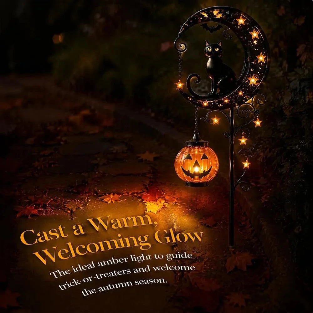 Solar Halloween Black Cat & Pumpkin Moon Garden Stake Light