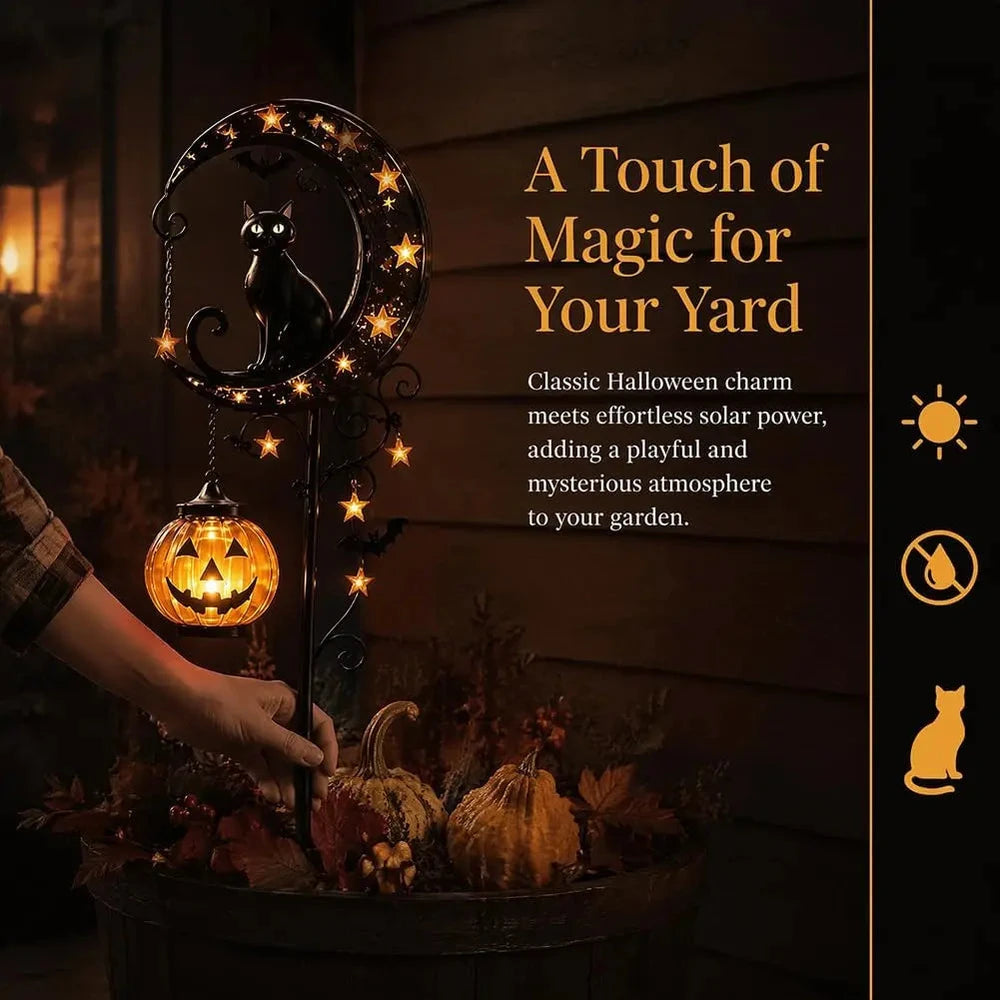 Solar Halloween Black Cat & Pumpkin Moon Garden Stake Light