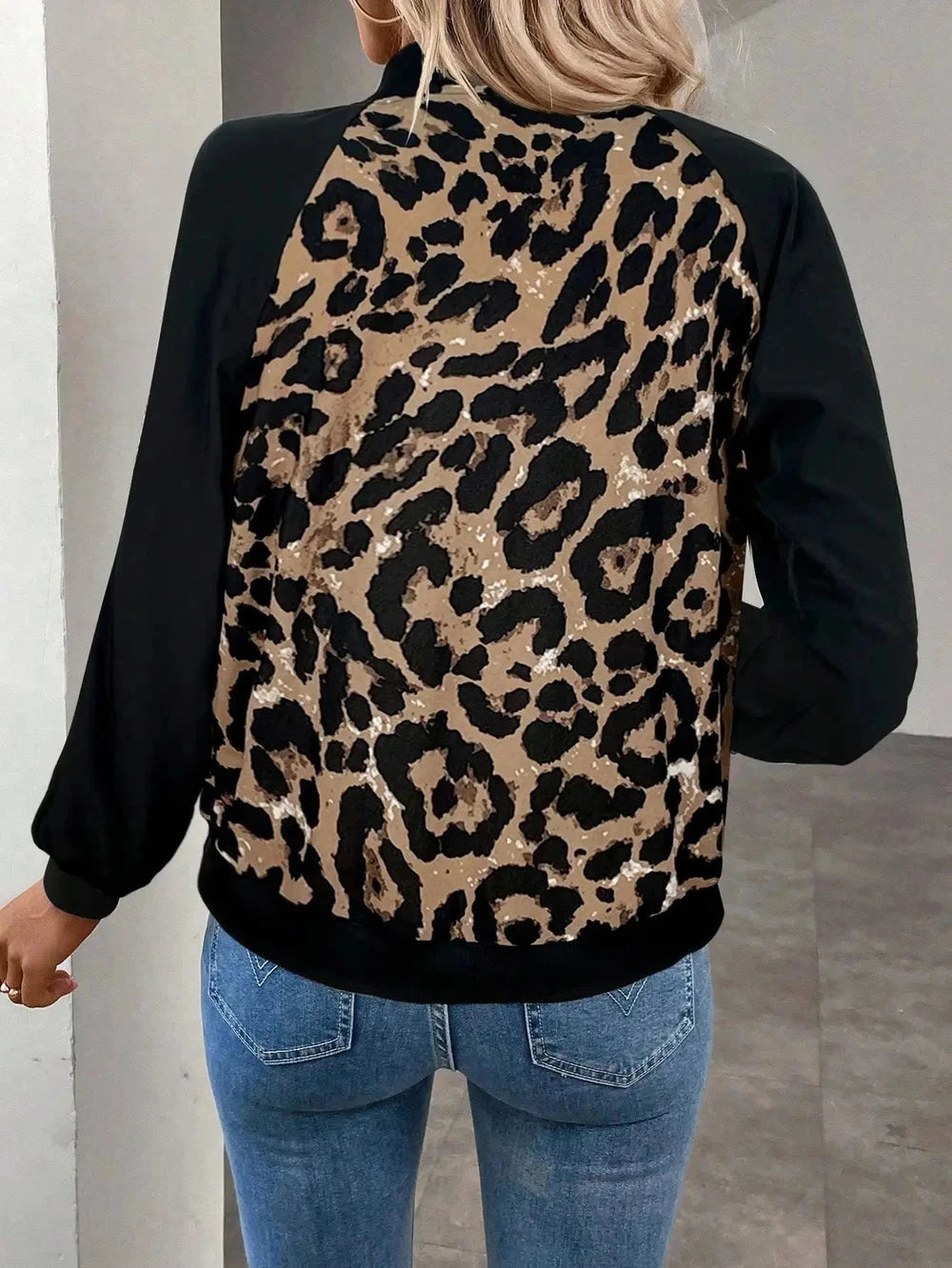 Women's Leopard Print Color Block Raglan Sleeve Zip Up Jacket