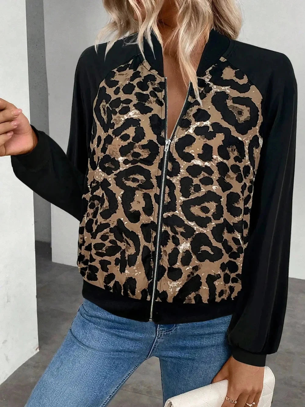 Women's Leopard Print Color Block Raglan Sleeve Zip Up Jacket