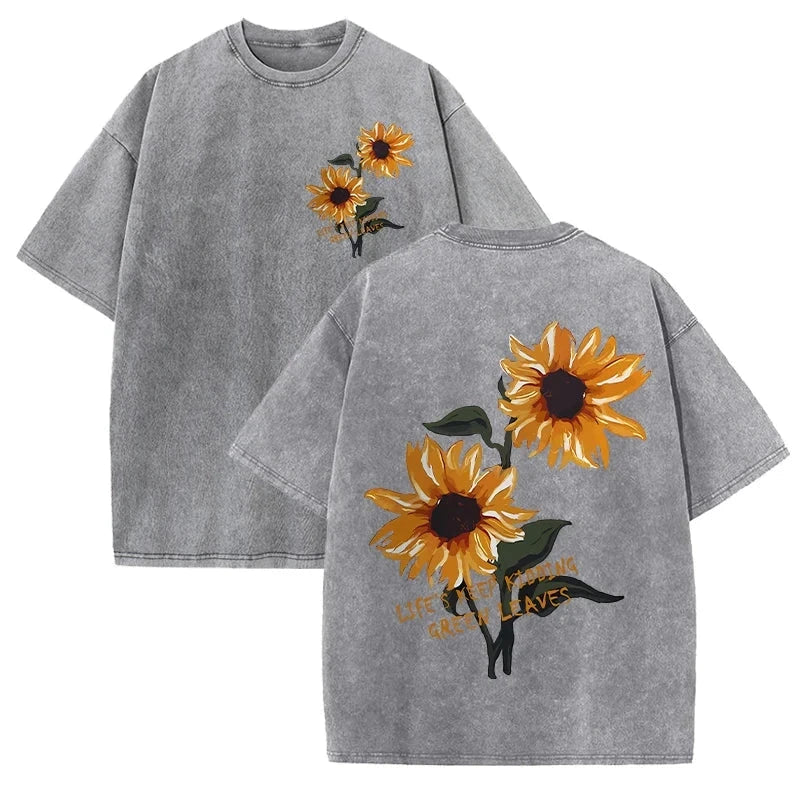 Sunflower Print Washed T Shirts