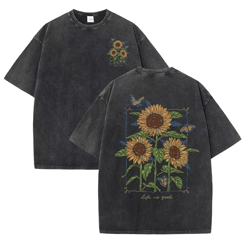 Sunflower Print Washed T Shirts