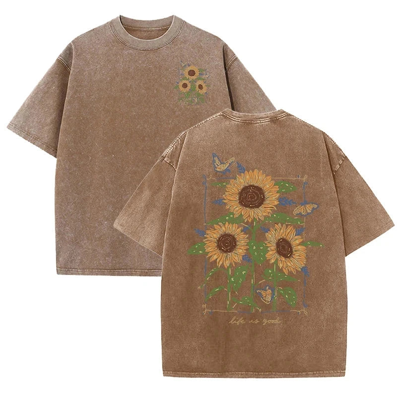 Sunflower Print Washed T Shirts