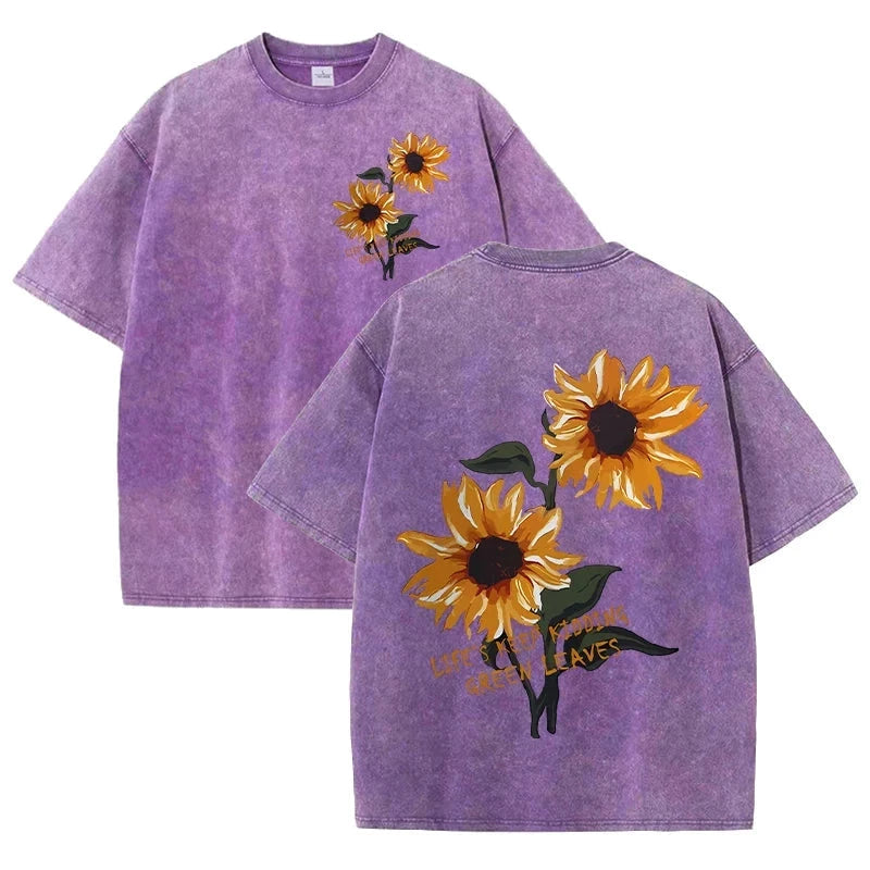 Sunflower Print Washed T Shirts