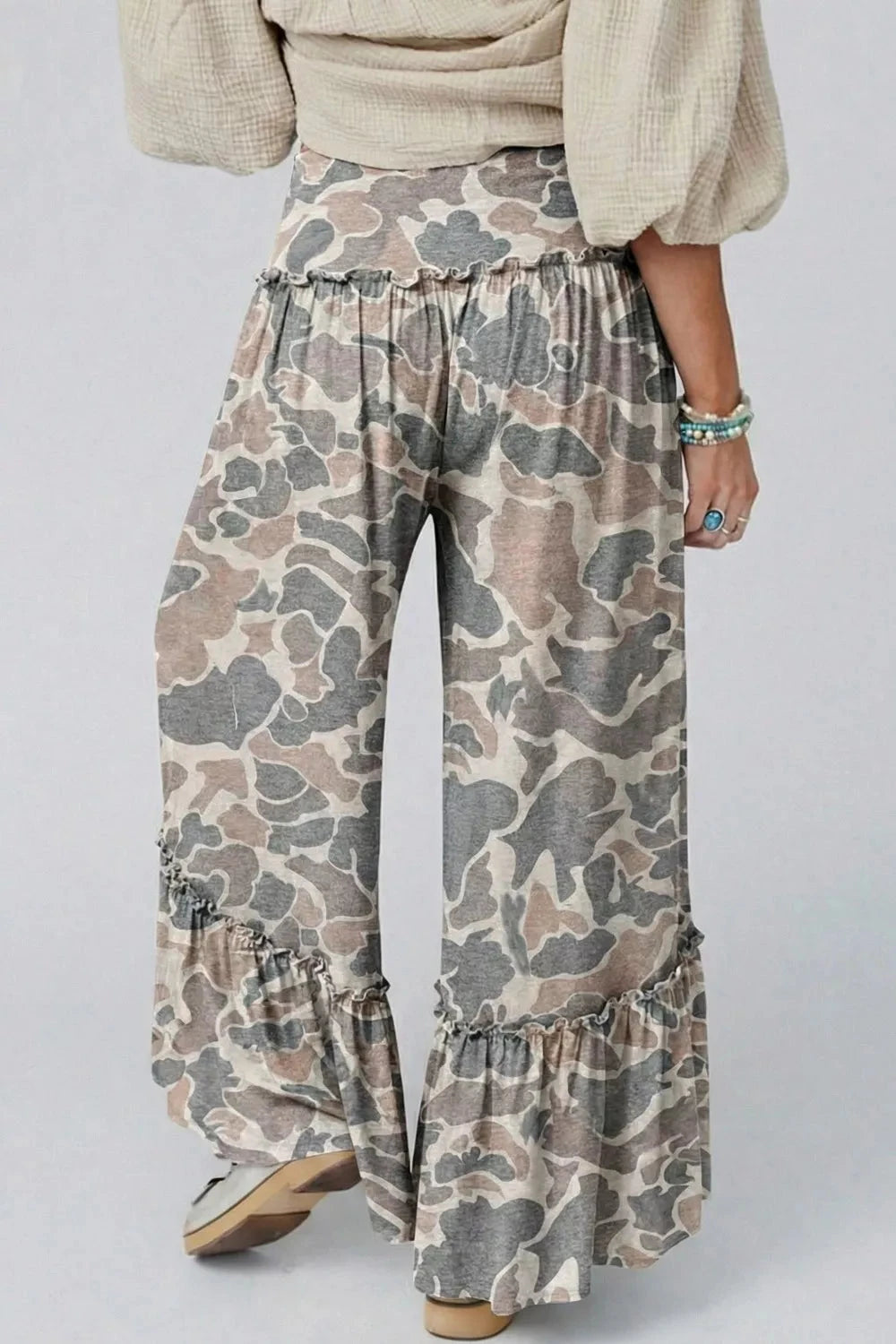 Camo Print Ruffle Hem Wide Leg Pants