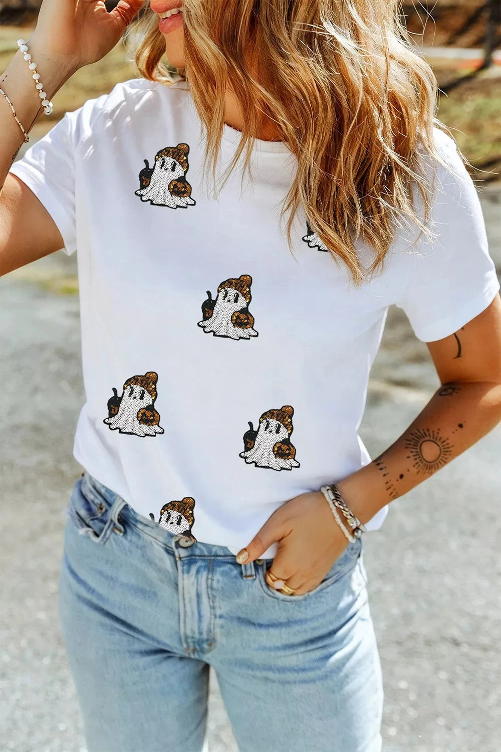 Halloween Sequin Ghost-Casual T-Shirt Plus Size