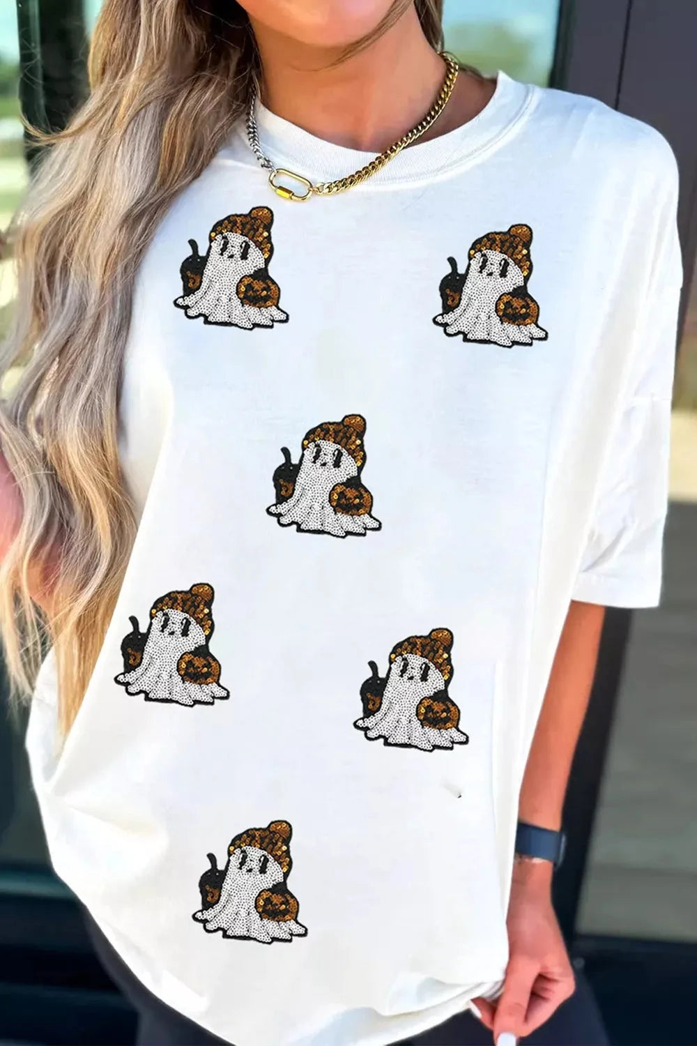 Halloween Sequin Ghost-Casual T-Shirt Plus Size