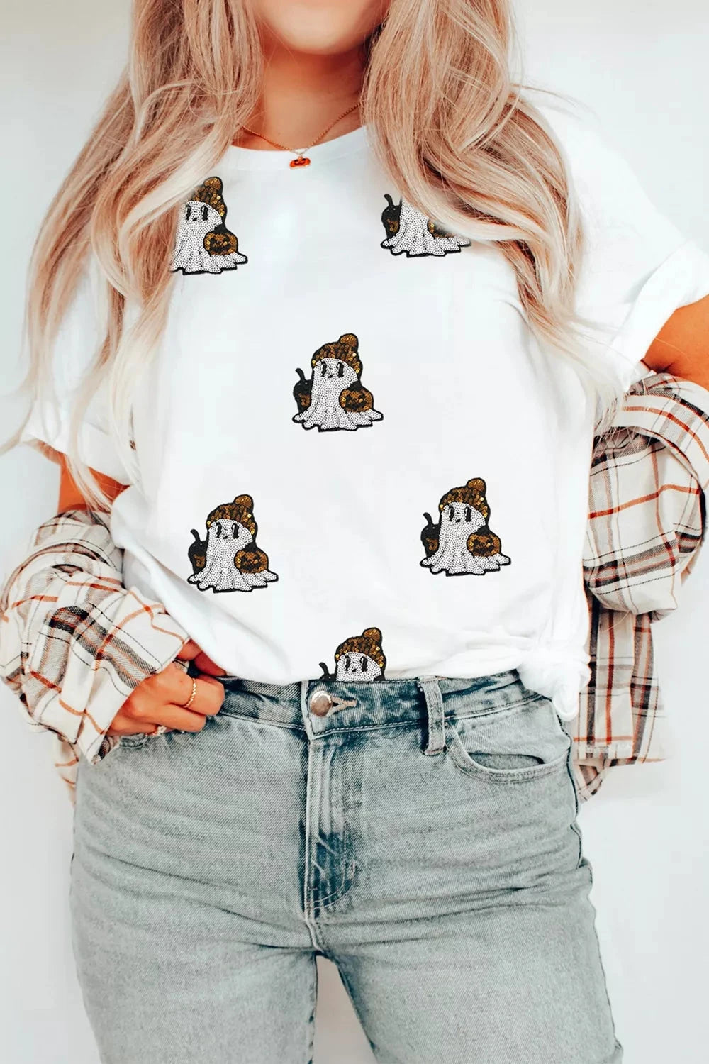 Halloween Sequin Ghost-Casual T-Shirt Plus Size