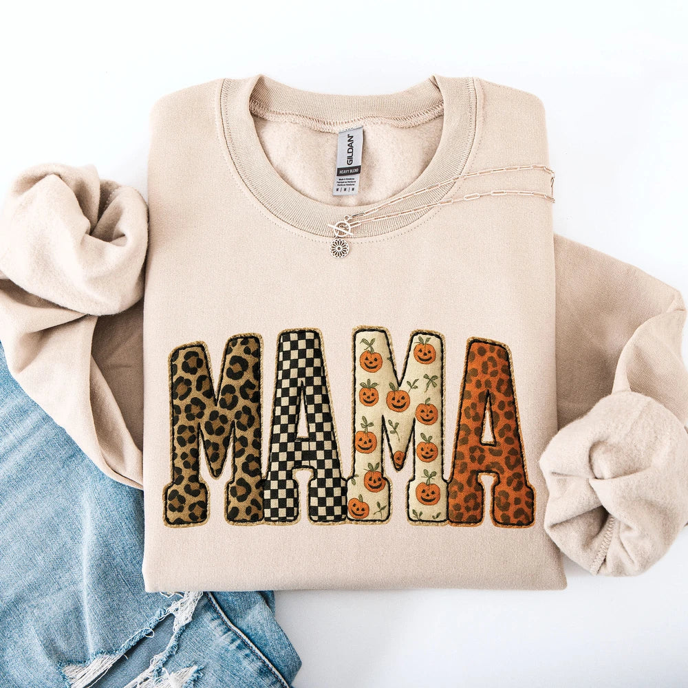 Mama Patchwork Leopard Print Checkered Pumpkin Pattern Sweatshirt