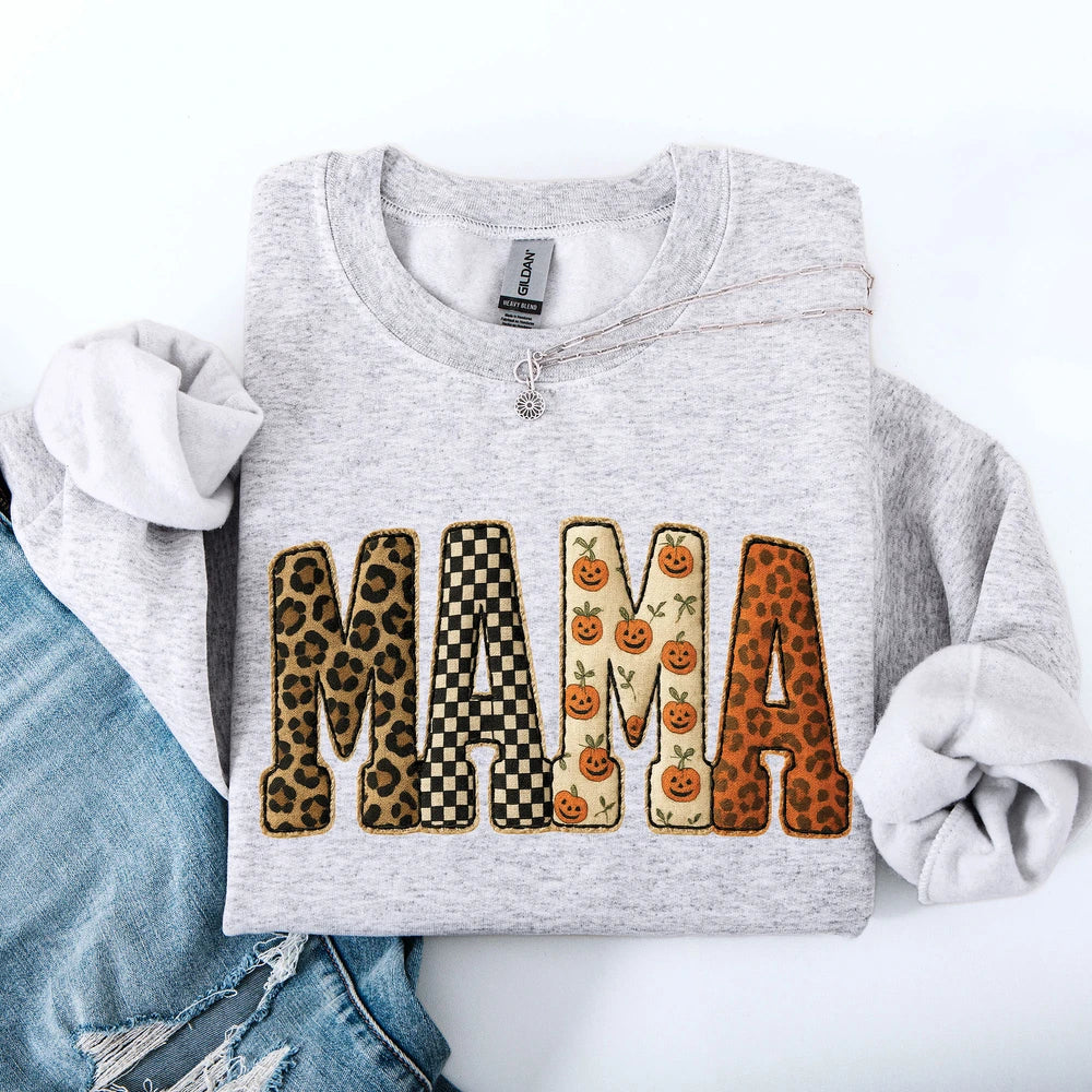 Mama Patchwork Leopard Print Checkered Pumpkin Pattern Sweatshirt