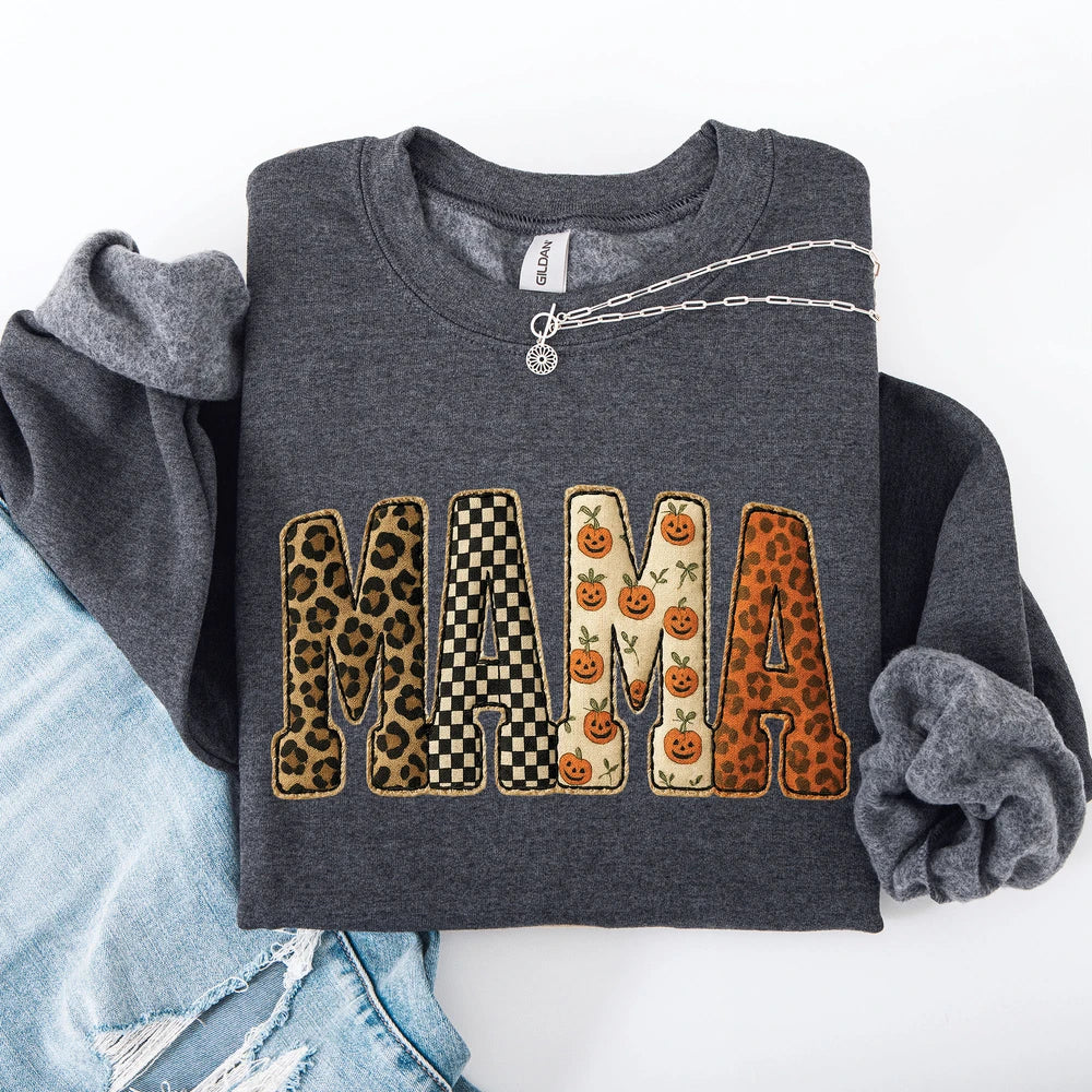 Mama Patchwork Leopard Print Checkered Pumpkin Pattern Sweatshirt
