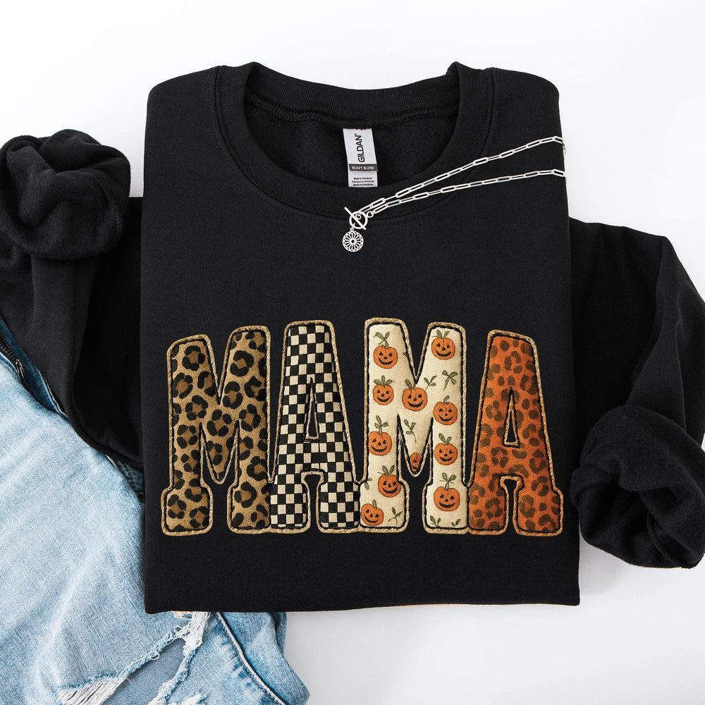 Mama Patchwork Leopard Print Checkered Pumpkin Pattern Sweatshirt
