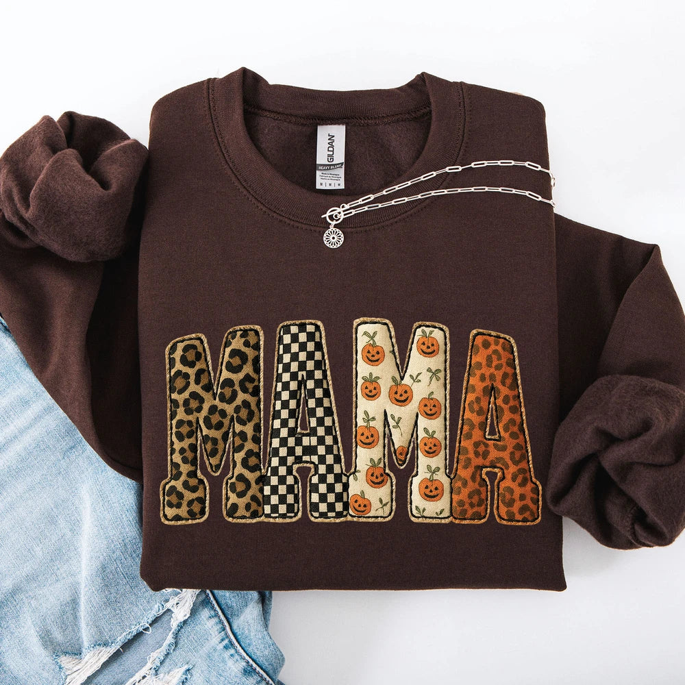 Mama Patchwork Leopard Print Checkered Pumpkin Pattern Sweatshirt