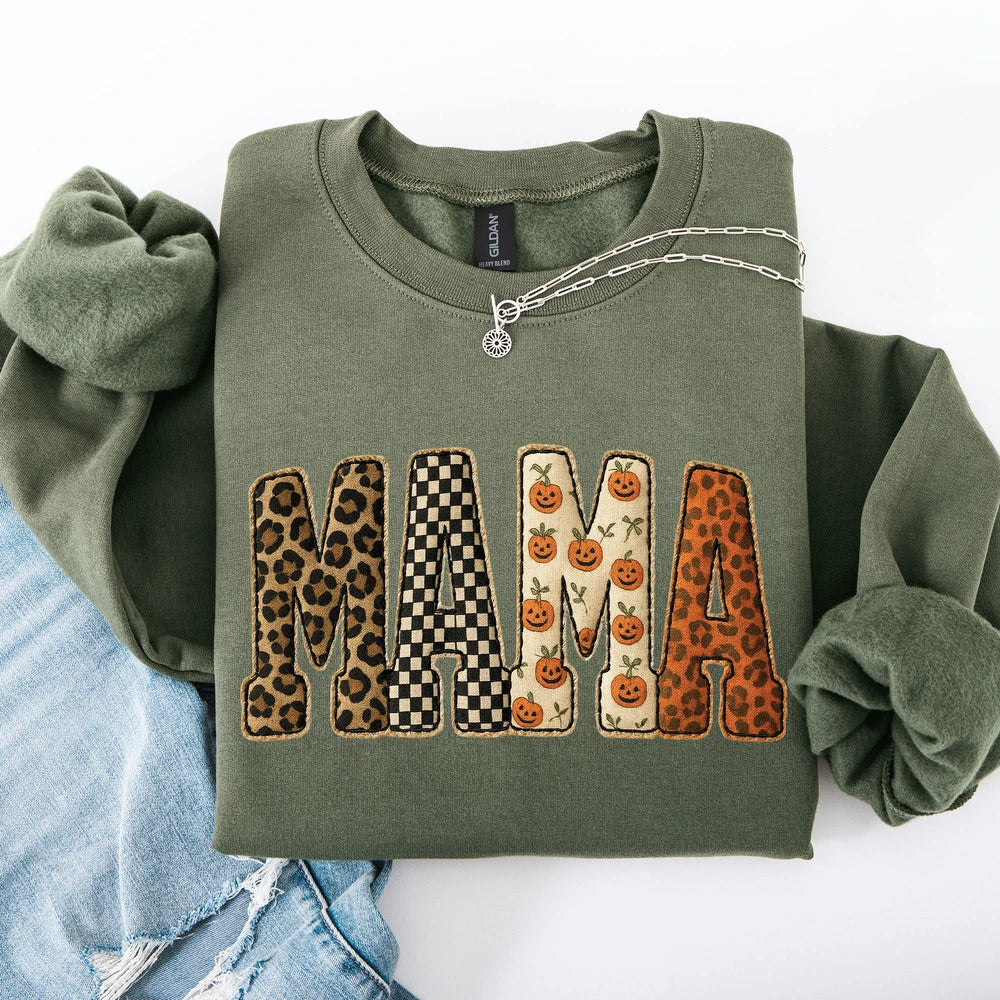 Mama Patchwork Leopard Print Checkered Pumpkin Pattern Sweatshirt