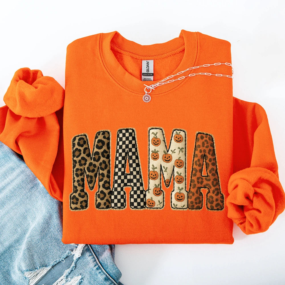 Mama Patchwork Leopard Print Checkered Pumpkin Pattern Sweatshirt