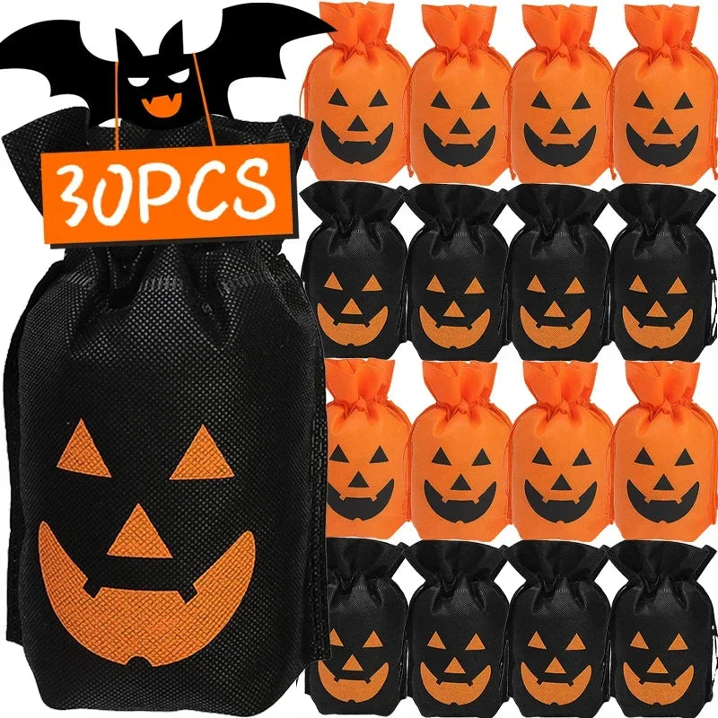 30/1PCS Halloween Pumpkin Candy Bag Non-woven Fabric Drawstring Storage Bags Biscuit Gift Storage Pouch Party Supplies Kid Favor